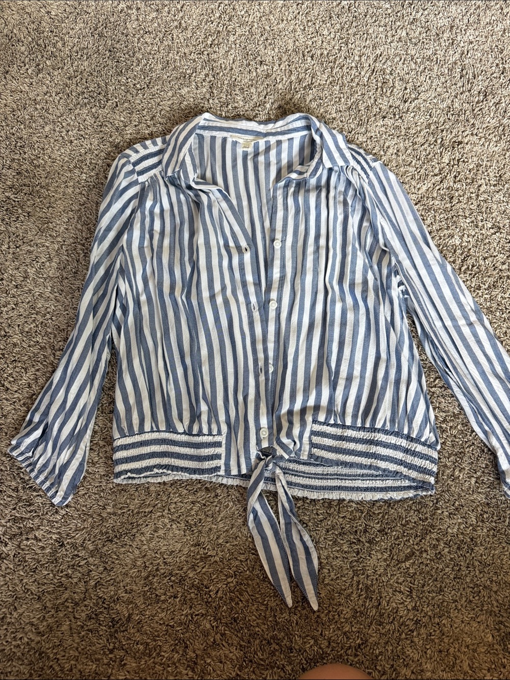 Modern Trendy Blue and White Striped Tie-Front Button Down Shirt
